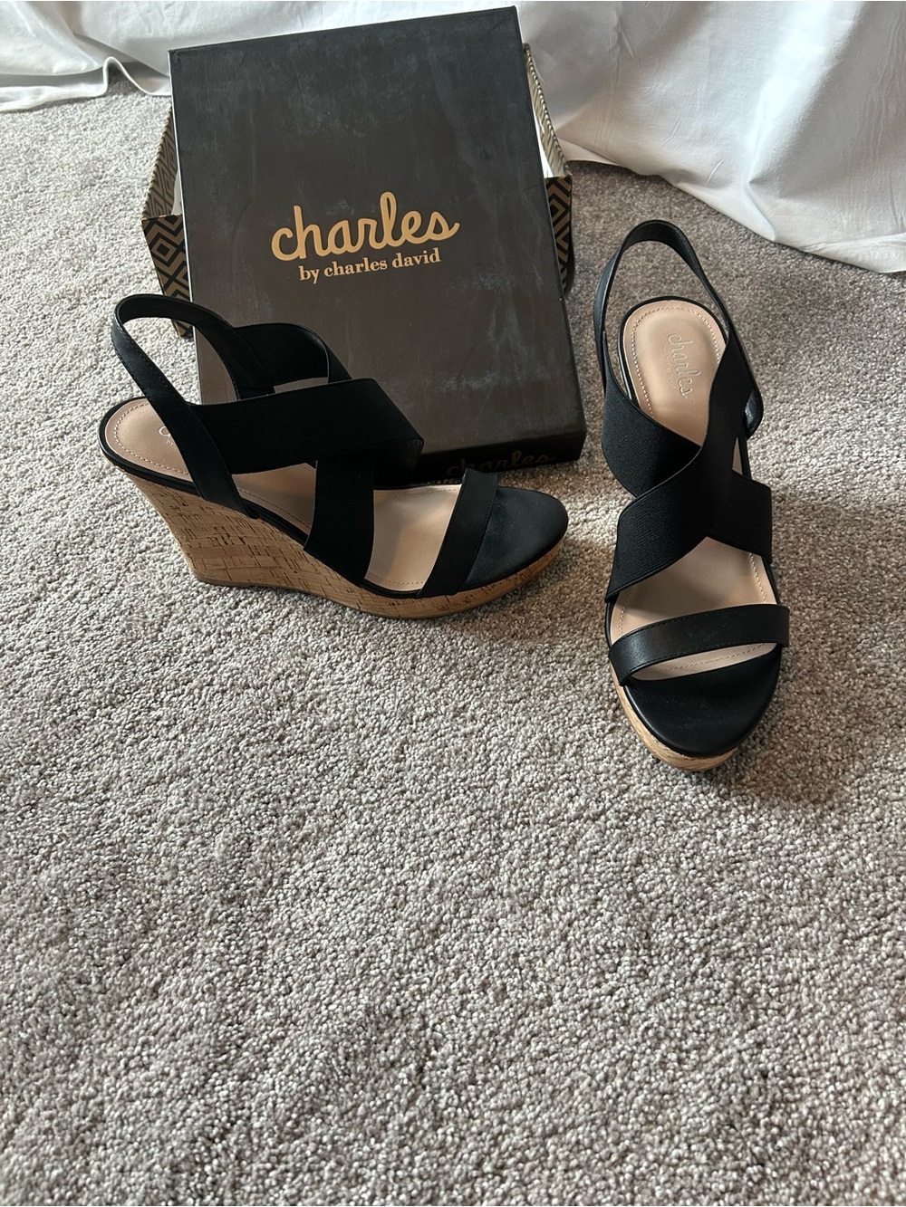 Charles By Charles David Black Strappy Cork Wedge Sandals